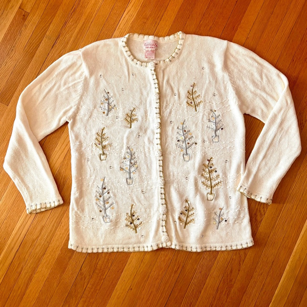 Vintage Basic Editions Christmas Tree Cardigan L Sweater Ramie Cotton Cream Gold